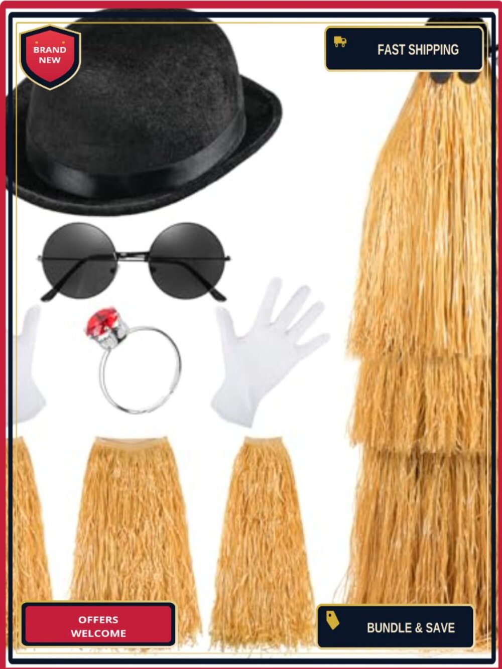 MOVINPE Halloween Long Hair Costume Set Bowler Hat Grass Skirt Gloves Adults